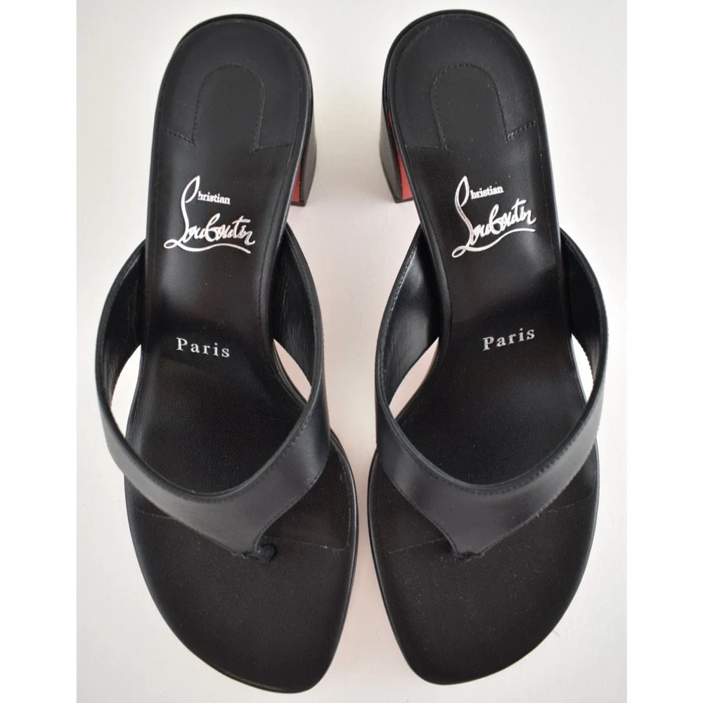 Christian Louboutin Janetonga 55 Black Leather Mule Thong Block Heel Sandal 37